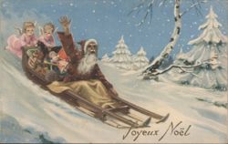 Santa Claus and Angels on Sled, Joyeux Noël Postcard