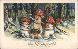 New Year's Wishes with Mushroom Gnomes Postcard