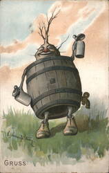 Jovial Barrel Man with Beer Steins and Tree Head Postcard