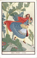 Little Red Riding Hood with Wolf in Forest Illustration Postcard