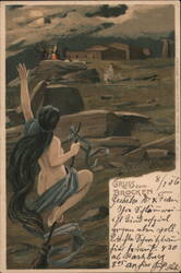 Nude Witch Flying on Broomstick over Brocken Mountain Postcard