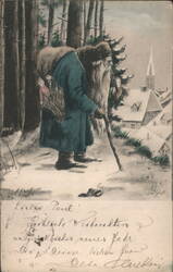 Santa Claus in Snowy Forest with Toys and Village Postcard
