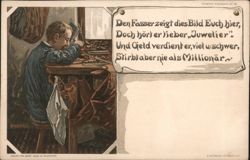 Jeweler Working at Bench, Humorous Poem about Earning Money Postcard