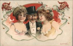 Man with Monocle and Two Women with Jesters Postcard