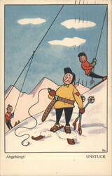 Comic Skier Tangled in Ski Lift Rope on Snowy Mountain Postcard