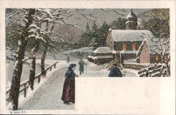 Winter Scene with Church and People Walking in Falling Snow Postcard