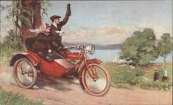 Couple on Indian Motorcycle with Sidecar by Lake Postcard
