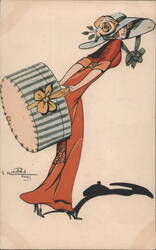 F.S. Hailand Art Nouveau Woman with Hatbox Postcard