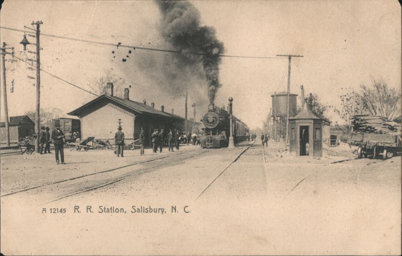 Railroad Station with Incoming Steam Locomotive Salisbury North Carolina