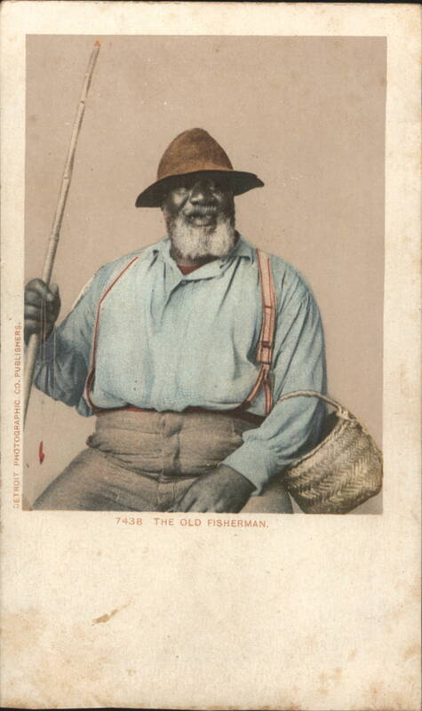 The Old Fisherman with Rod and Woven Basket Black Americana