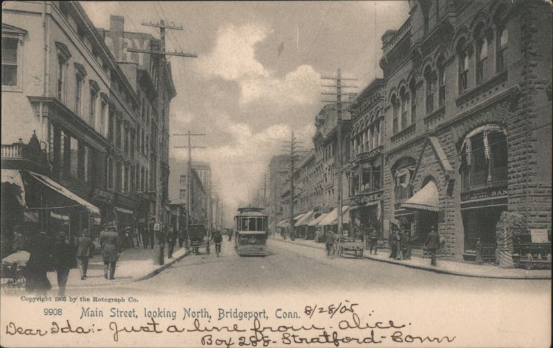 Main Street Looking North with Trolley Bridgeport Connecticut