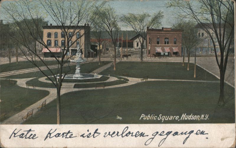 Public Square with Fountain and Surrounding Buildings Hudson New York