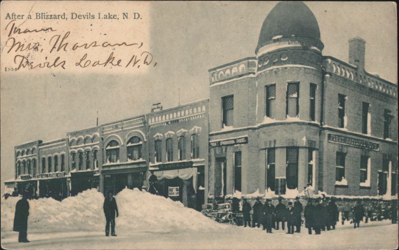 After a Blizzard, First National Bank and Main Street Devils Lake North Dakota