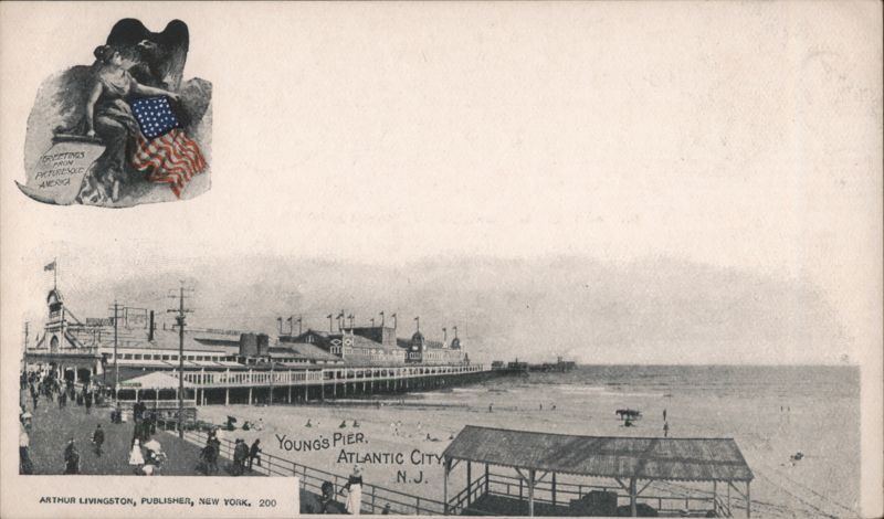 Young's Pier and Beach Scene with Patriotic Inset Atlantic City New Jersey