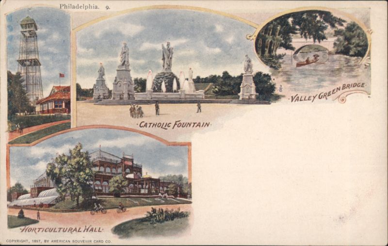 Catholic Fountain, Valley Green Bridge & Horticultural Hall Philadelphia Pennsylvania