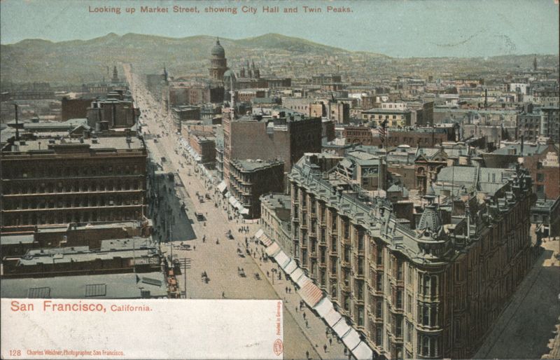 Market Street View with City Hall and Twin Peaks San Francisco California