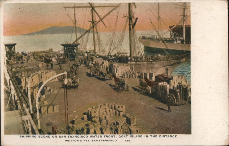 Shipping Scene on Water Front, Goat Island in Distance San Francisco California