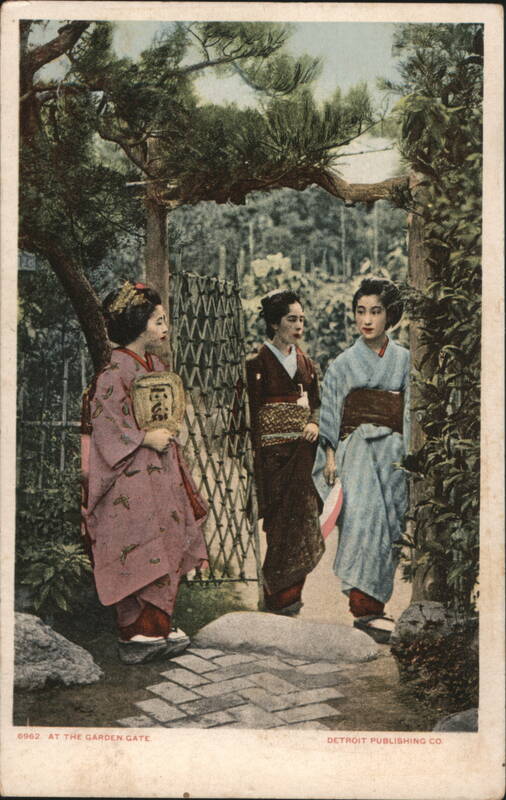 At the Garden Gate with Three Women in Kimono Asian