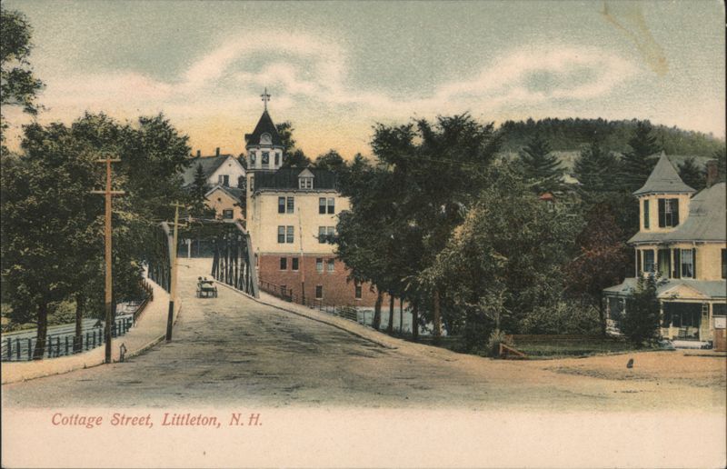 Cottage Street with Bridge and Clock Tower Building Littleton New Hampshire