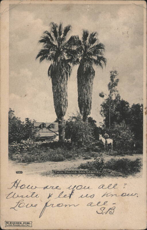 Twin Palms with House and Rider on Horseback San Gabriel California