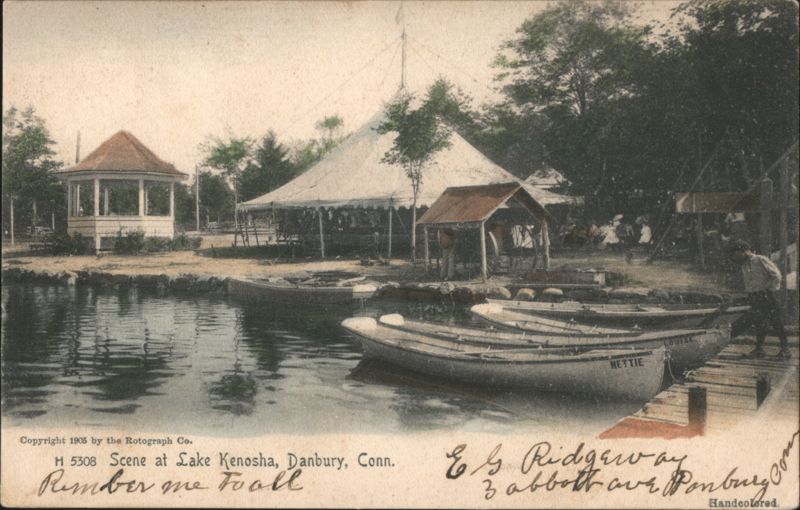 Scene at Lake Kenosha with Rowboats and Gazebo Danbury Connecticut