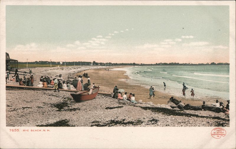 Rye Beach Scene with Red Boat and Beachgoers New Hampshire