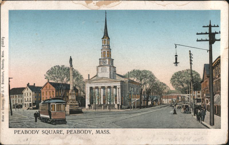 Peabody Square with Church, Monument and Streetcar Massachusetts