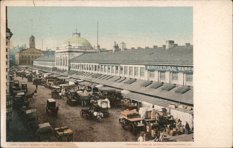 Quincy Market with Horse-Drawn Carts and Market Stalls
