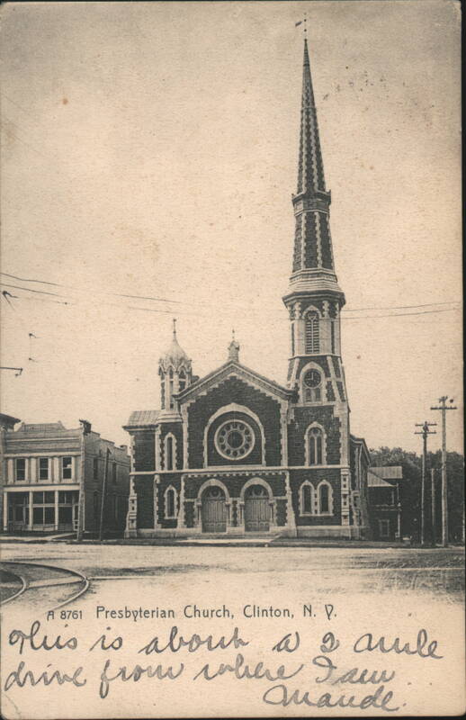Presbyterian Church with Tall Spire and Rose Window Clinton New York