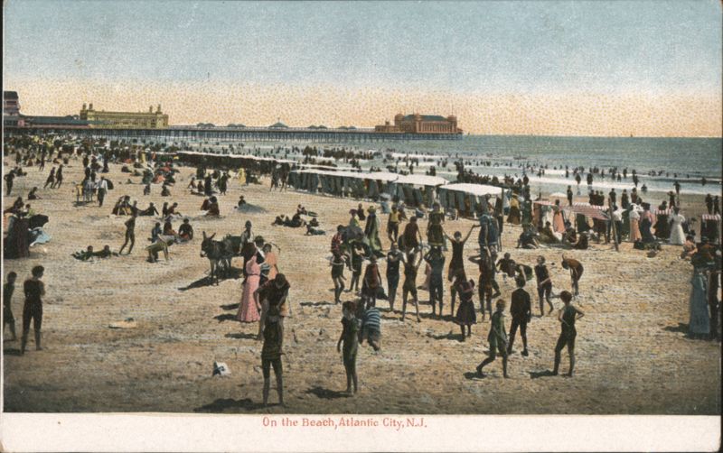 Crowded Beach Scene with Pier and Donkey Cart Atlantic City New Jersey