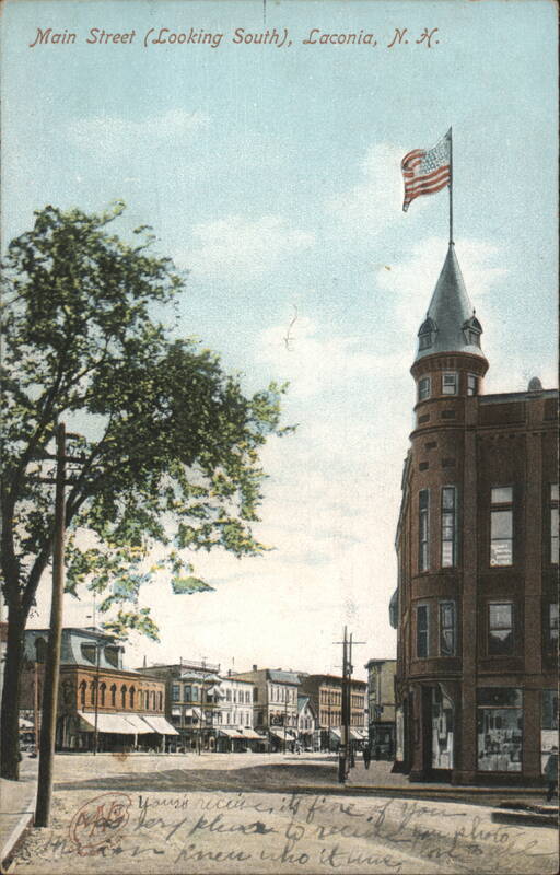 Main Street Looking South with Turreted Building Laconia New Hampshire
