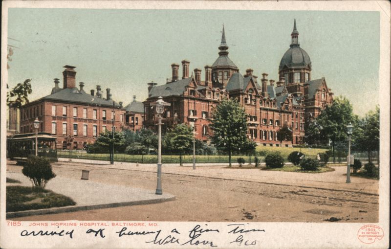 Johns Hopkins Hospital with Iconic Dome and Streetcar