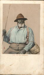 The Old Fisherman with Rod and Woven Basket Postcard