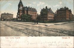 Cook County Hospital Buildings and Streetcar Tracks Postcard