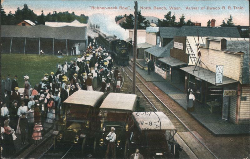 Rubber-neck Row, Arrival of Ilwaco R.R. Train North Beach Washington