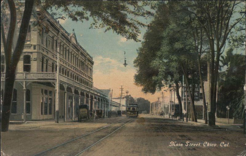 Main Street Scene with Streetcar and Horse-Drawn Carriage Chico California