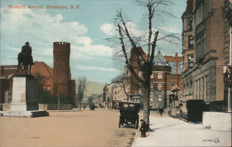 Bedford Avenue Street Scene with Statue, Brooklyn New York