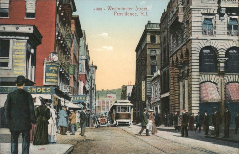 Westminster Street Scene with Streetcar Providence Rhode Island