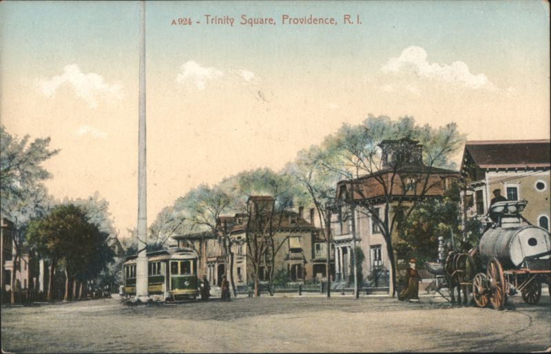 Trinity Square Street Scene with Trolley Providence Rhode Island