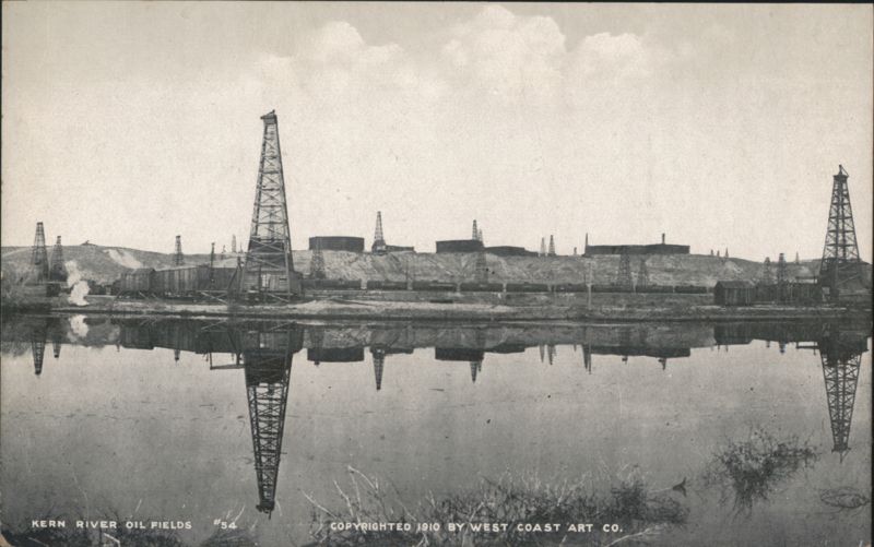 Kern River Oil Fields, Oil Derricks and Reflecting Water Bakersfield California
