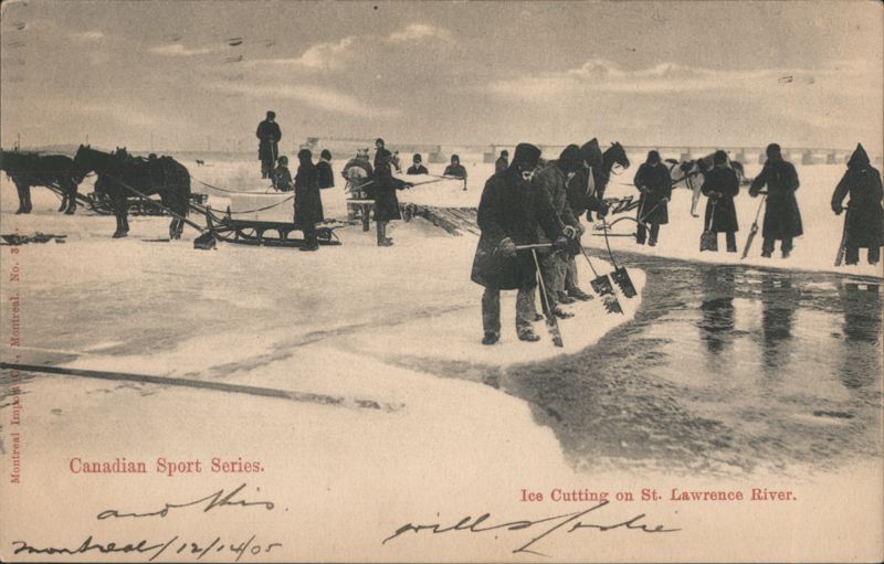Vintage 1905 Montreal Ice Cutting St. Lawrence River Postcard QC Canada