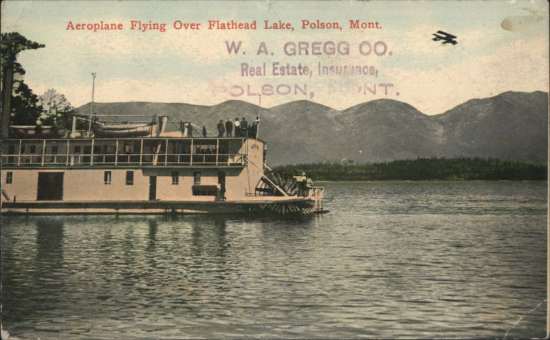 Aeroplane Flying Over Flathead Lake, W. A. Gregg Co. Polson Montana