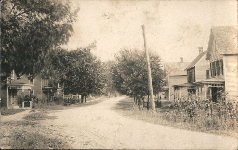 Dirt Road Lined with Houses and Trees Buildings