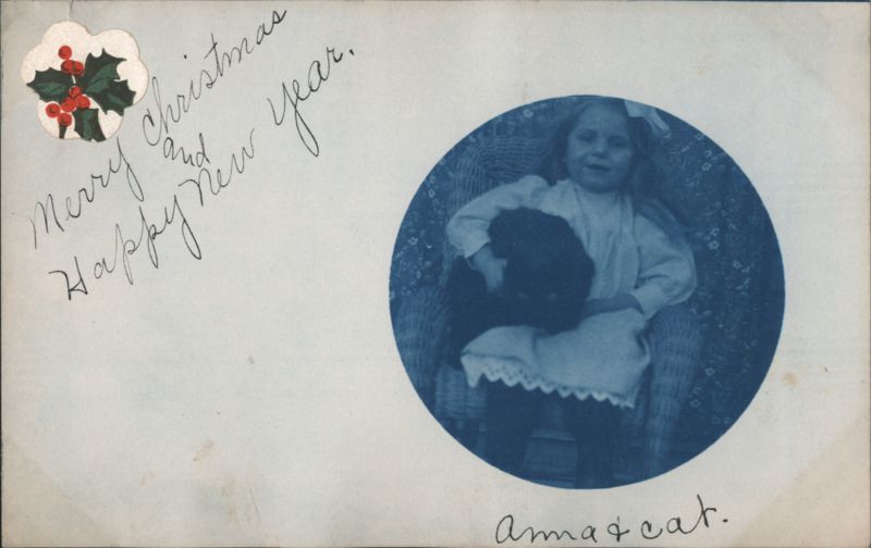 Girl Holding a Cat, Merry Christmas and Happy New Year Cyanotype Sunshine Wyoming