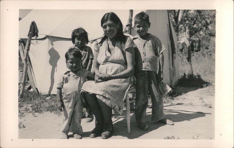 Mother and Three Children in Front of Canvas Tent Native Americana