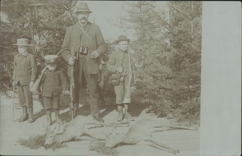 German Man and Three Boys with Hunted Deer Hunting