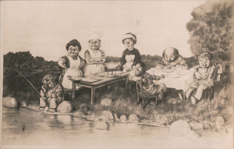 R. Högfeldt Illustration of People Dining and Fishing