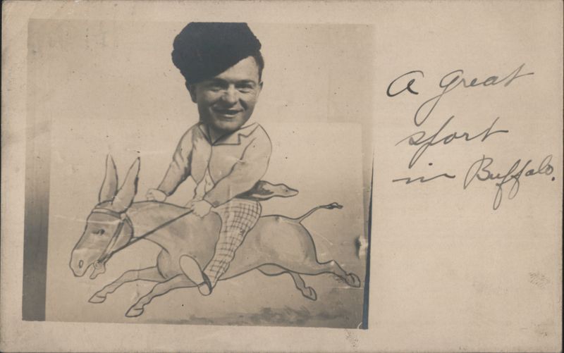 Man Riding Donkey Cartoon Illustration Head-Through-Hole Buffalo New York