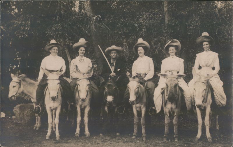 Group of Five Women and One Man Riding Donkeys Colorado Springs