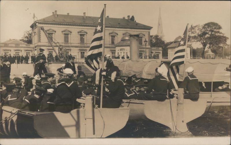 Sailors in Small Boats with Flags Navy
